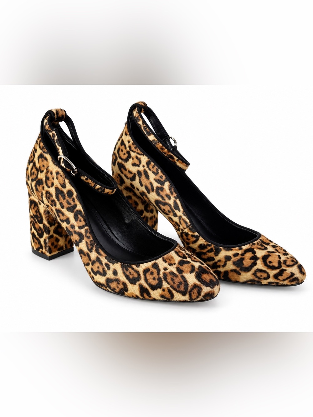 White House Black Market Leopard Print Block Heel Pumps Size 7 Ankle Strap NWOT